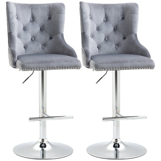HOMCOM Bar Stools Set of 2, grey velvet with button tufted back and chrome base