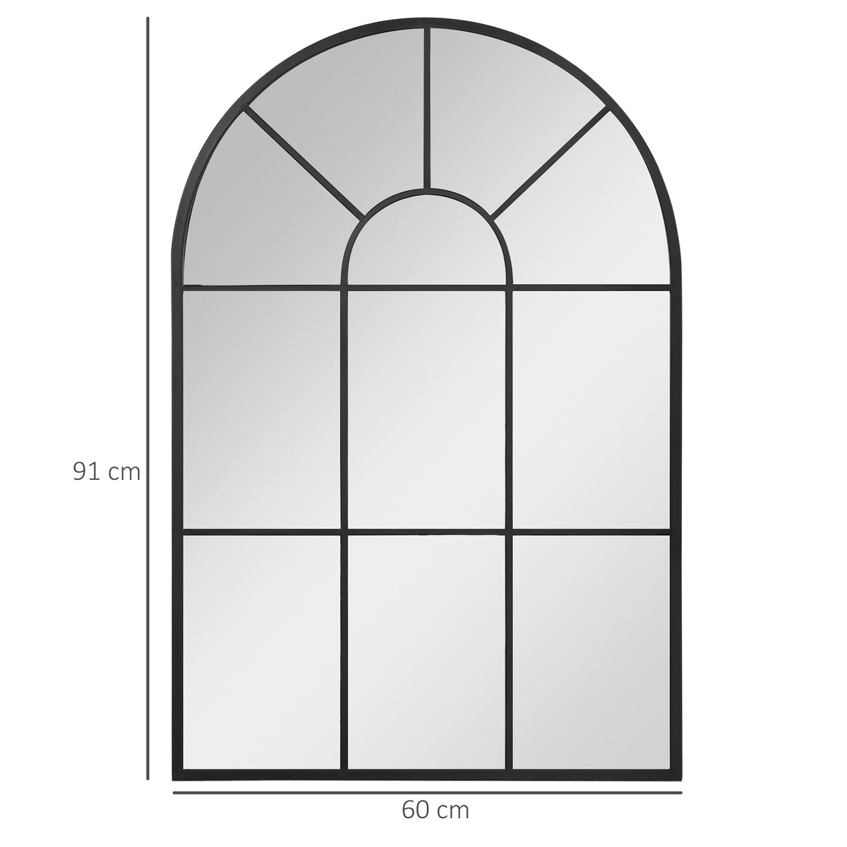 The arched wall mirror with dimensions 91 cm by 60 cm shown with measurements