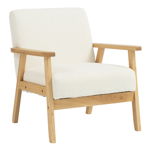 HOMCOM Modern Armchair in cream white with wooden armrests and legs on a white background