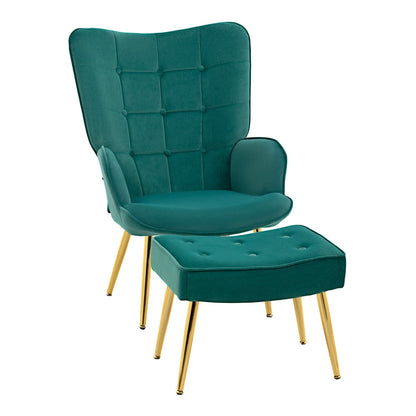 HOMCOM Modern Armchair with Footstool in dark green velvet with gold coloured legs
