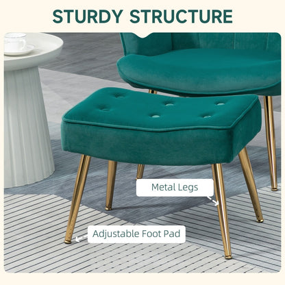 The sturdy structure of the velvet footstool with metal legs is shown