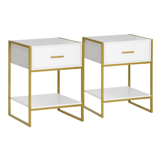 HOMCOM Modern Bedside Table, a pair of white and gold nightstands with a drawer and shelf