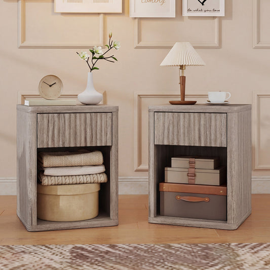 the storage cabinets placed in a bedroom with decorative items and boxes inside