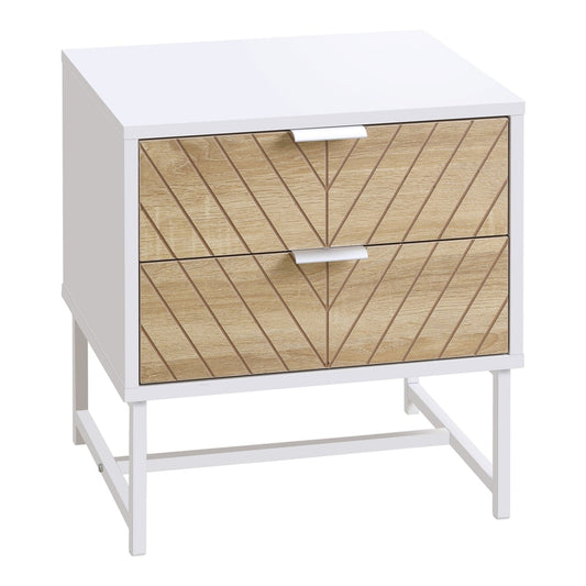 HOMCOM Modern Bedside Table with two drawers and a white and oak finish on a metal frame