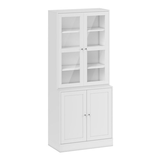 HOMCOM Modern Bookcase with Glass Doors, a white storage cabinet with two glass doors on top and two solid doors below