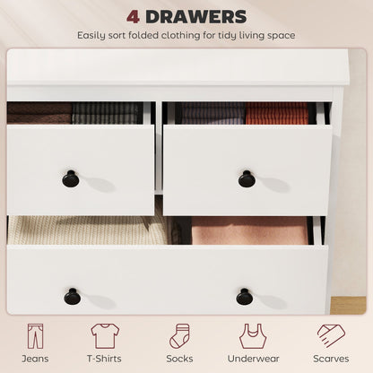 Inside view of the four drawers of the white dresser, showing organised clothes