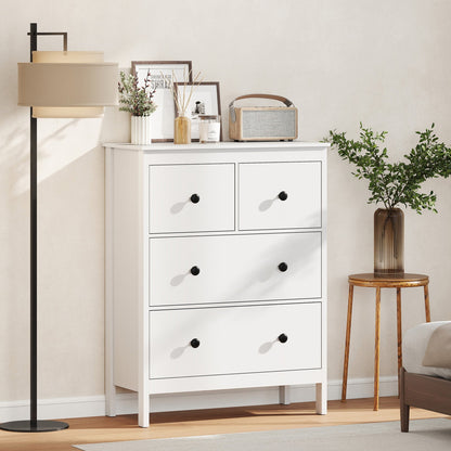 The white four-drawer dresser in a tidy bedroom setting next to a lamp and side table
