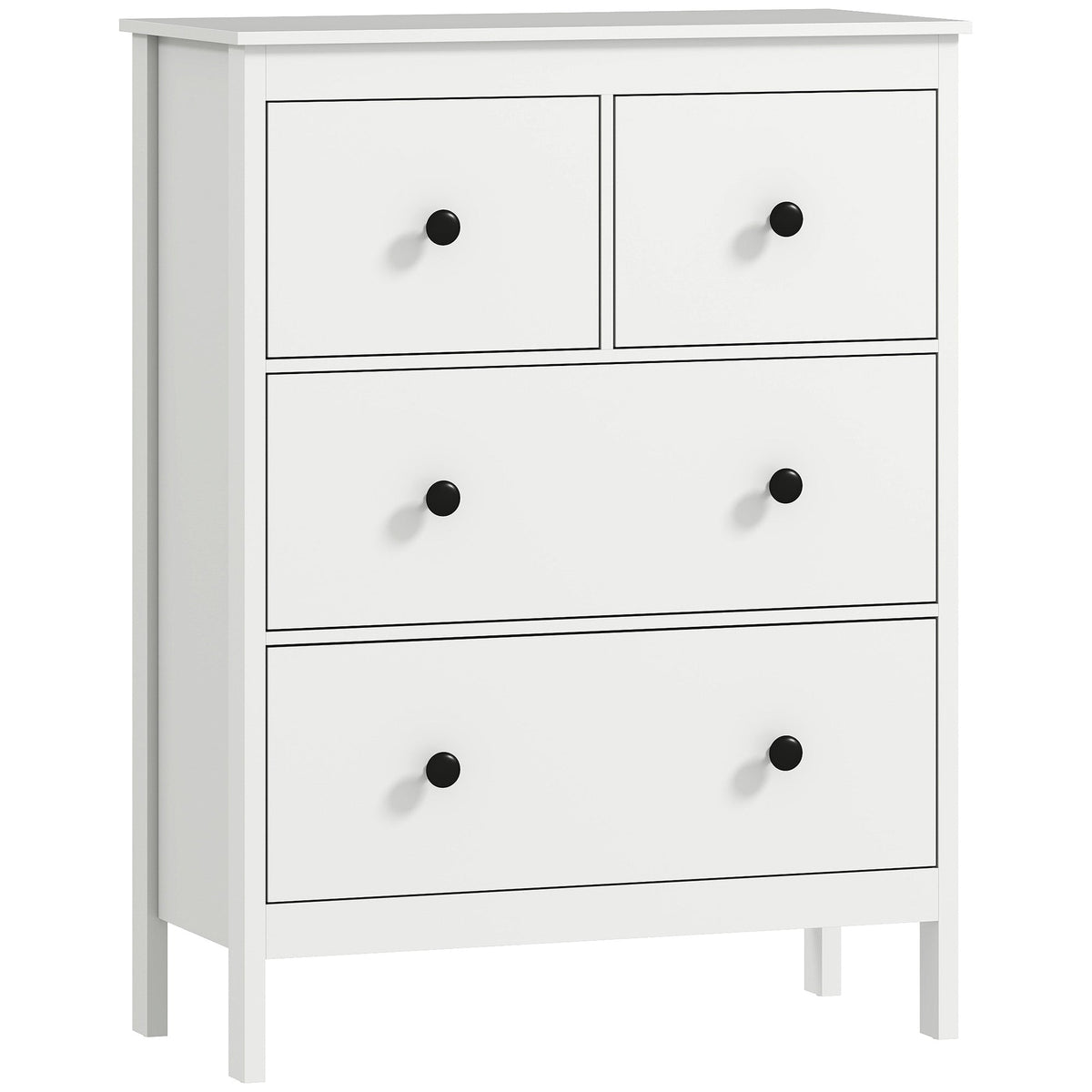 HOMCOM Modern Chest of Drawers, a white four-drawer dresser with black knobs