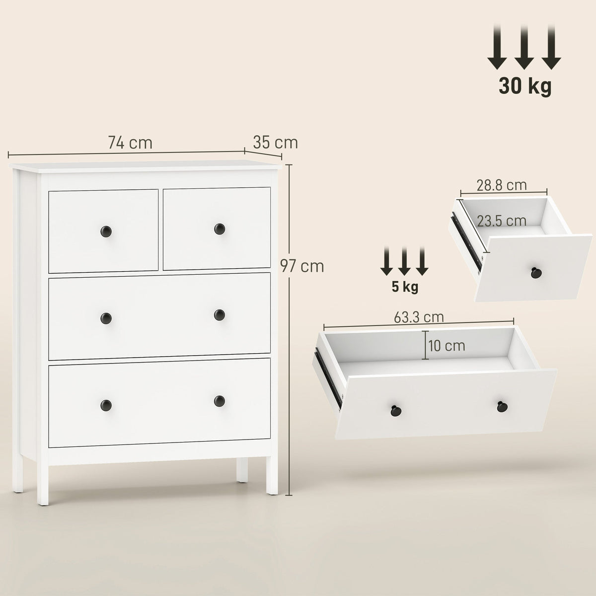 Dimensions and drawer details for the white four-drawer dresser
