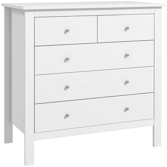 HOMCOM Modern Chest of Drawers, a white storage cabinet with five drawers and silver handles