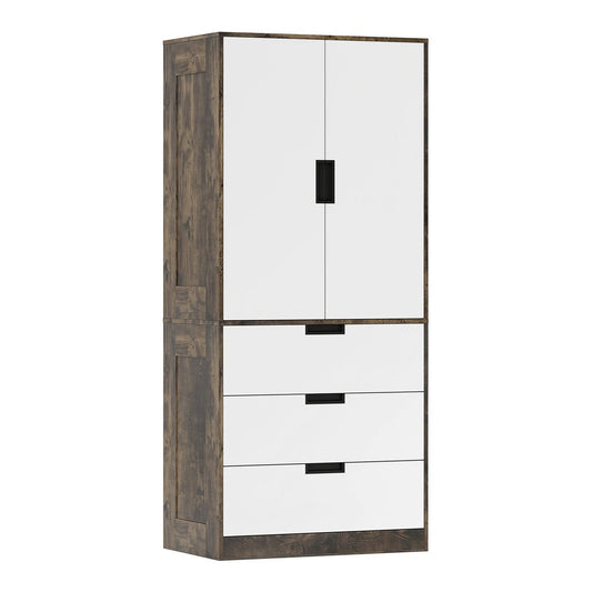 HOMCOM Modern Clothes Storage Cupboard Unit with white doors and drawers against a rustic frame