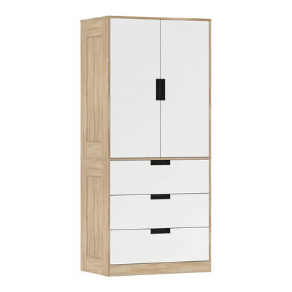 HOMCOM Modern Clothes Storage Cupboard Unit, a tall oak and white wardrobe with two doors and three drawers