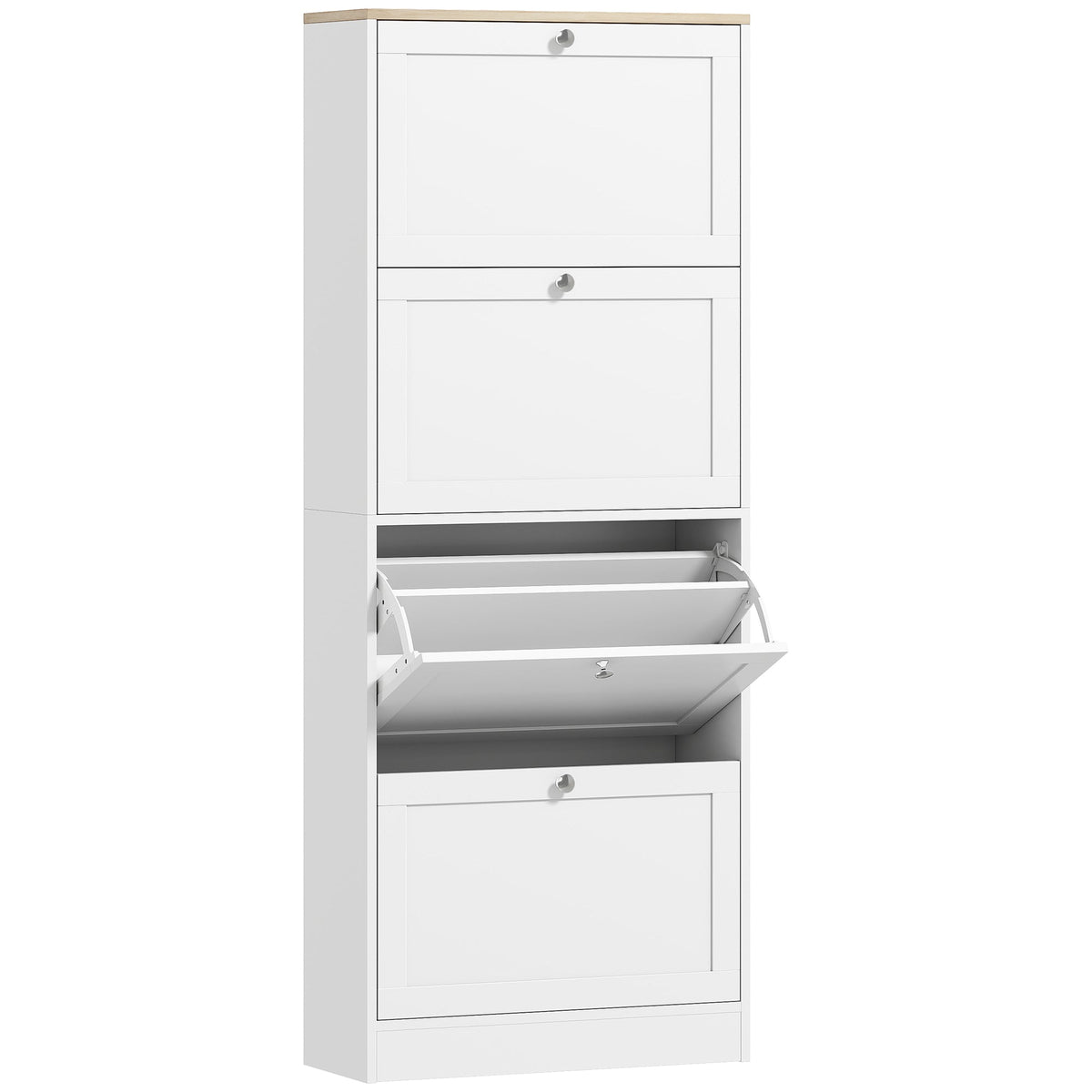 HOMCOM Modern Compact Four-Drawer Shoe Storage Cabinet with one drawer open