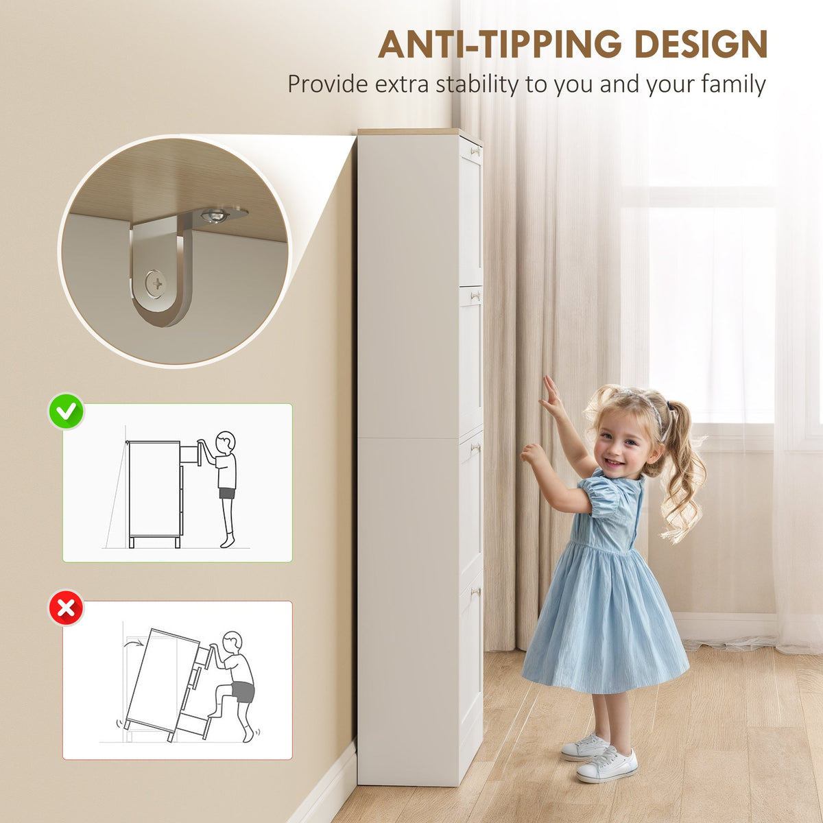 Anti-tipping safety feature demonstrated on the shoe storage cabinet