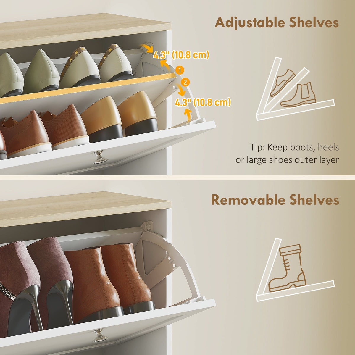 Close up of adjustable and removable shelves inside the shoe storage cabinet
