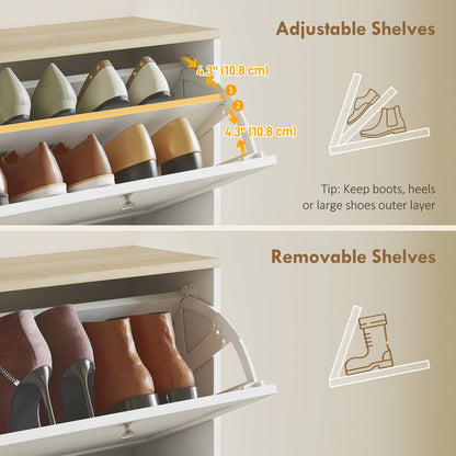 Close up of adjustable and removable shelves inside the shoe storage cabinet