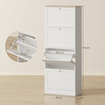 White shoe storage cabinet with dimensions indicated on the drawers