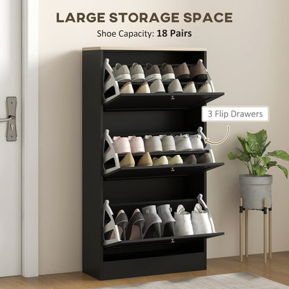 Black three-drawer shoe storage cabinet with all three flip drawers open showing shoe capacity