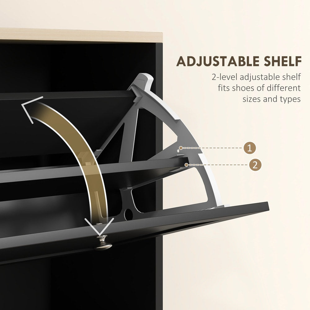 Close-up of the adjustable shelf mechanism inside the black three-drawer shoe storage cabinet