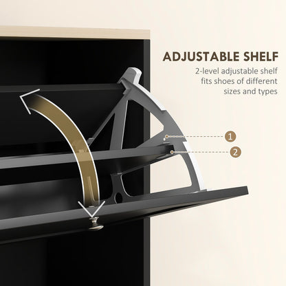 Close-up of the adjustable shelf mechanism inside the black three-drawer shoe storage cabinet