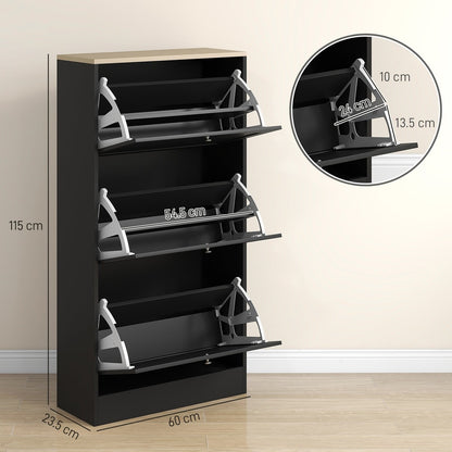 Dimensions of the black three-drawer shoe storage cabinet showing height, width and depth