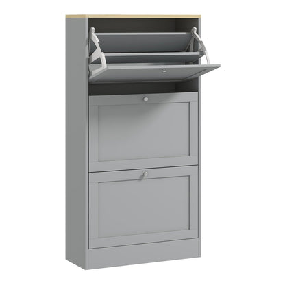 HOMCOM Modern Compact Three-Drawer Shoe Storage Cabinet with the top drawer open