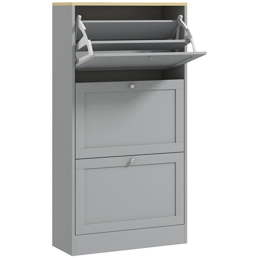 HOMCOM Modern Compact Three-Drawer Shoe Storage Cabinet with the top drawer open