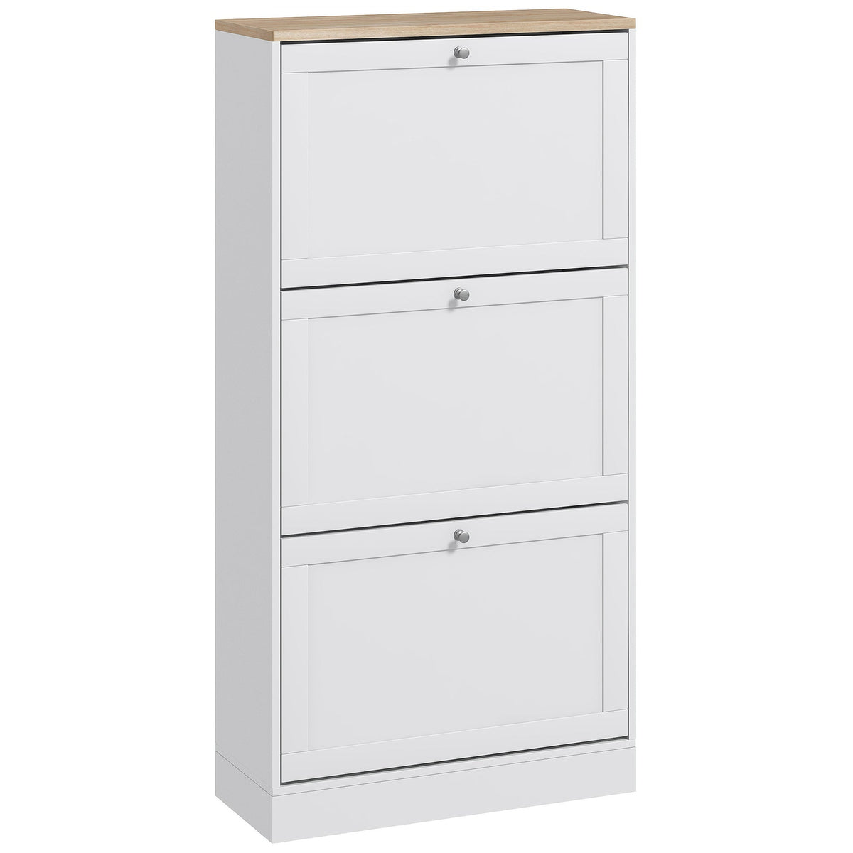 HOMCOM Modern Compact Three-Drawer Shoe Storage Cabinet in white with a wood-effect top