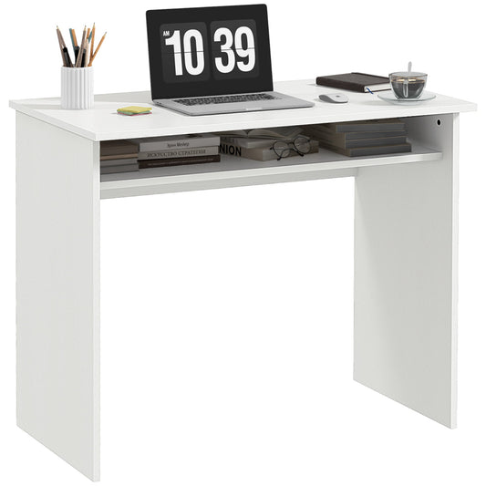 HOMCOM Modern Computer Desk, a white wood grain writing desk with a storage shelf