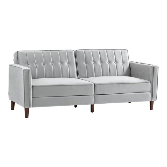 HOMCOM Modern Convertible Sofa Futon in light grey velvet-touch fabric with tufted detailing and wooden legs