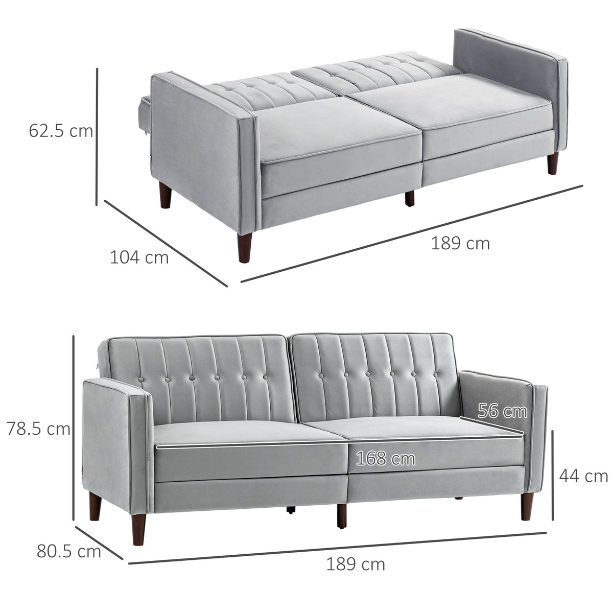 Size diagram showing the dimensions of the light grey sofa futon in cm