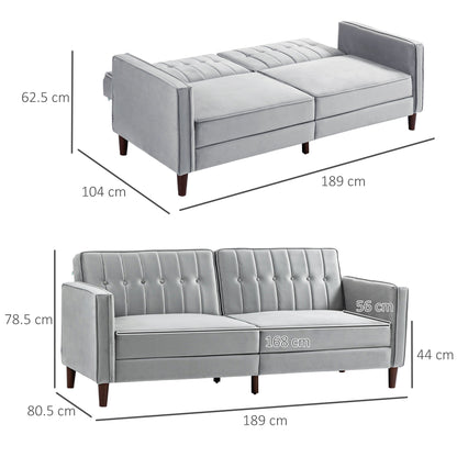 Size diagram showing the dimensions of the light grey sofa futon in cm