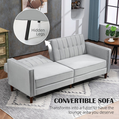 The convertible sofa futon partially unfolded to show its hidden legs and adjustable function