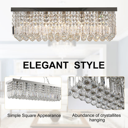 The square crystal chandelier ceiling light showing its simple appearance and abundant hanging crystals