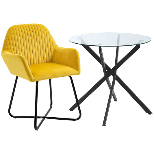 HOMCOM Modern Dining Furniture Set with a round glass-top table and a yellow accent armchair