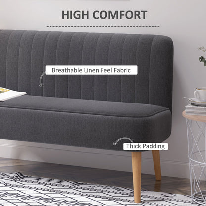 Close up of the dark grey loveseat couch showing breathable linen feel fabric and thick padding