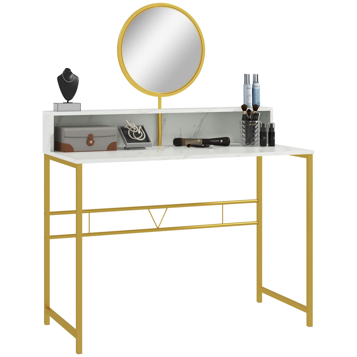 HOMCOM Modern Dressing Table with Round Mirror in White and Golden