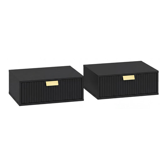 HOMCOM Modern Floating Nightstands Set of 2, two black bedside tables with gold handles mounted on a white wall