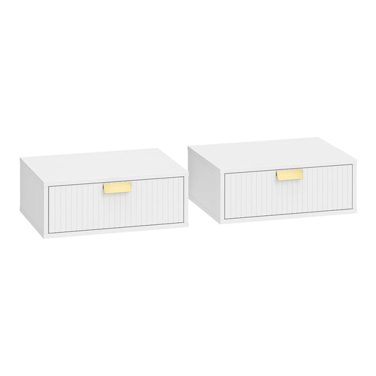 HOMCOM Modern Floating Nightstands Set of 2, two white bedside tables with gold handles mounted on a wall