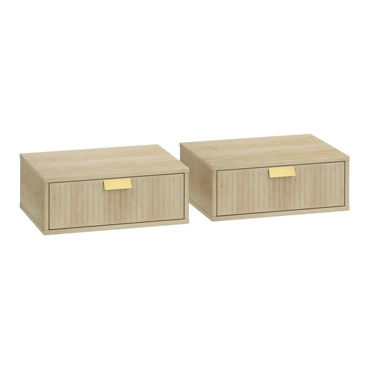 HOMCOM Modern Floating Nightstands Set of 2, two oak bedside tables with gold handles mounted on a white wall