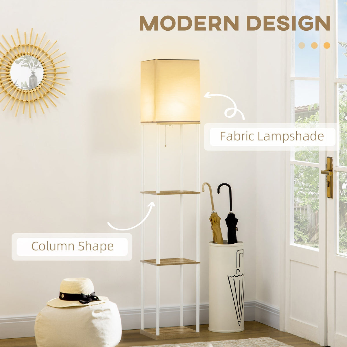 The floor lamp highlighted with labels pointing to the fabric lampshade and column shape design