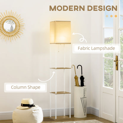 The floor lamp highlighted with labels pointing to the fabric lampshade and column shape design