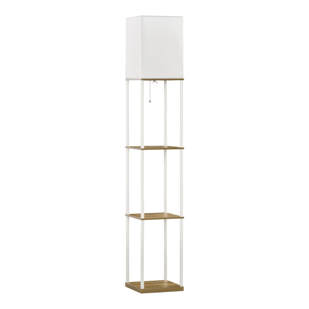 HOMCOM Modern Floor Lamp with Shelves featuring a white fabric shade and three wooden storage tiers