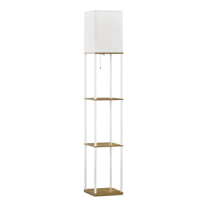 HOMCOM Modern Floor Lamp with Shelves featuring a white fabric shade and three wooden storage tiers