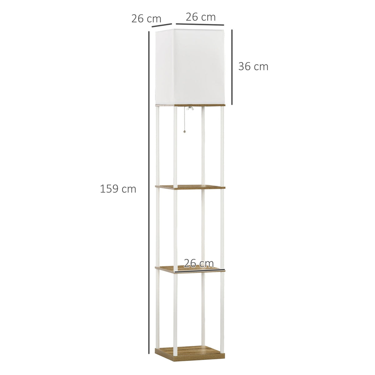 The floor lamp shown against a plain background with lines indicating its overall dimensions