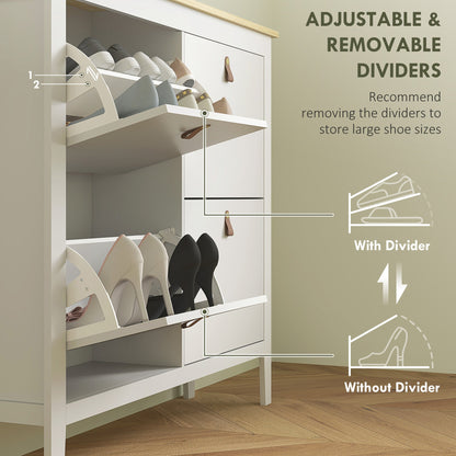 White shoe storage cabinet with adjustable dividers shown for large shoe sizes