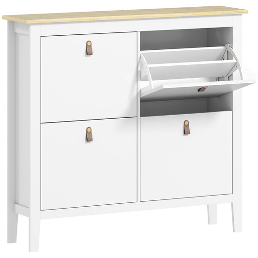 HOMCOM Modern Four-Drawer Shoe Cabinet in white with a wood effect top and four drawers