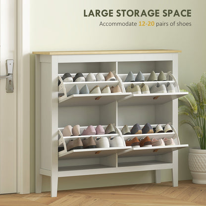 White shoe storage cabinet with all four drawers open showing capacity for shoes
