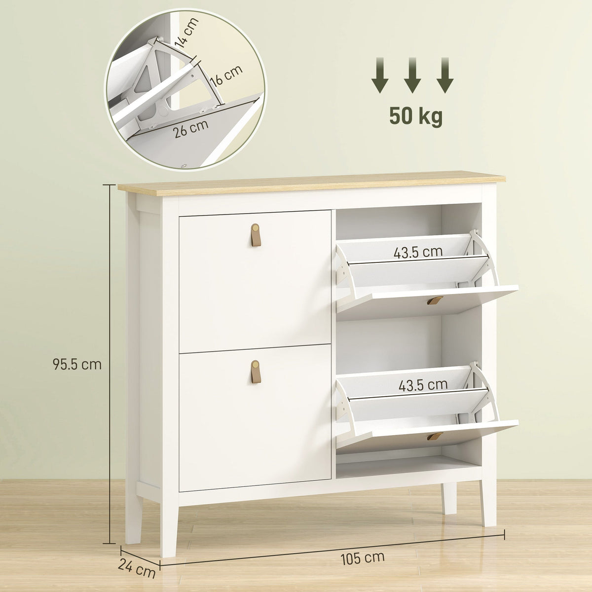 White shoe storage cabinet with dimensions and weight limit shown