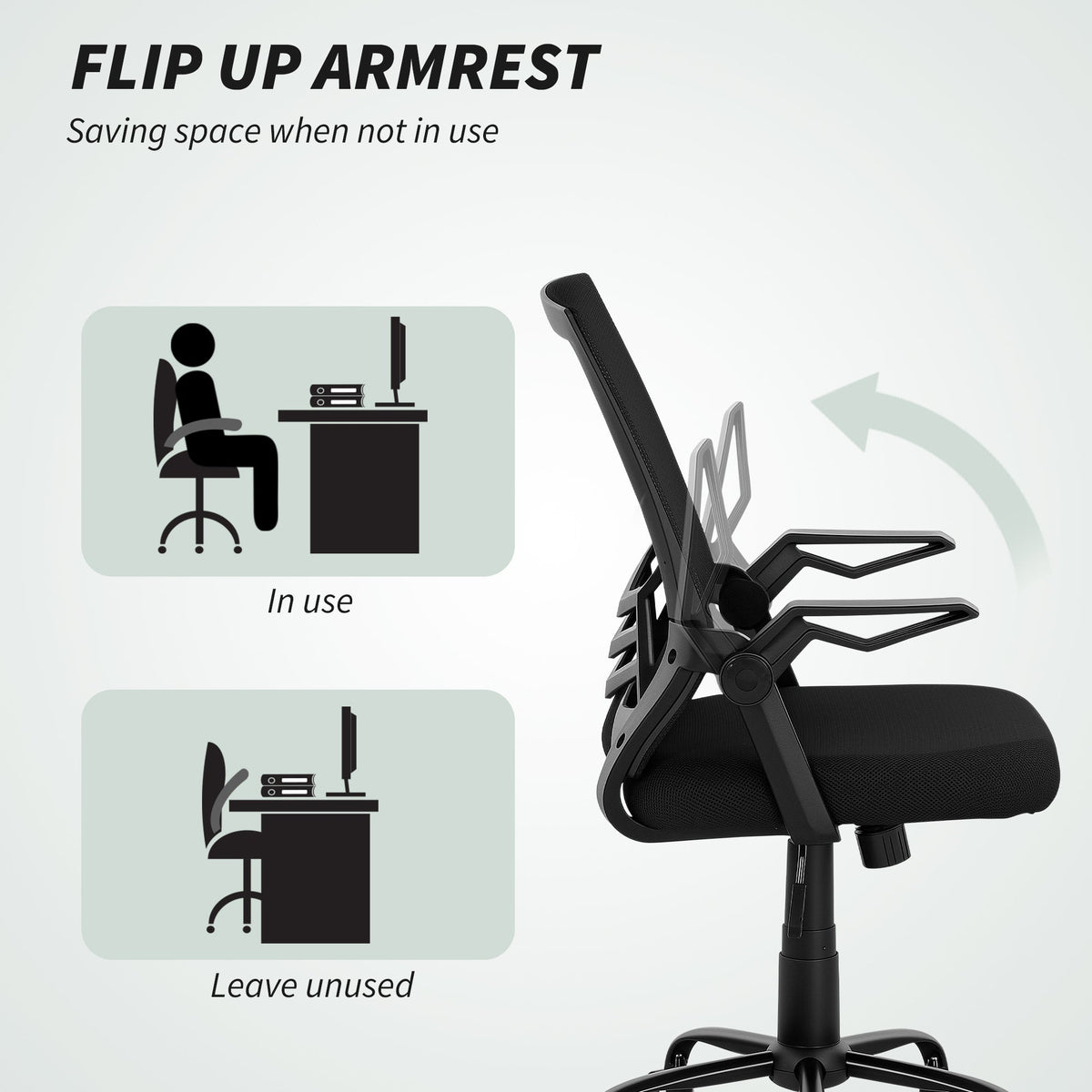 Diagram showing the flip-up armrests on the ergonomic office chair